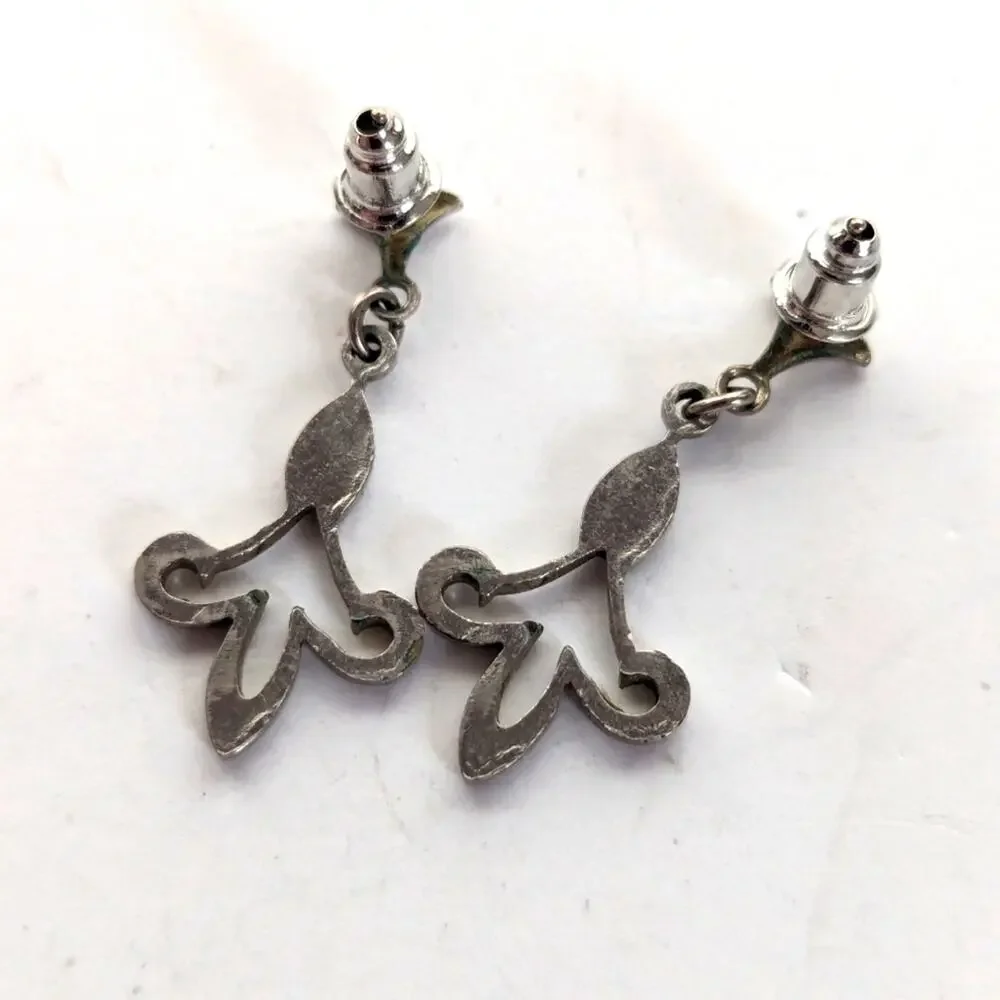Vintage Silver Tone Fleur De Los Dangle Drop Dainty Delicate Post Stud Earrings